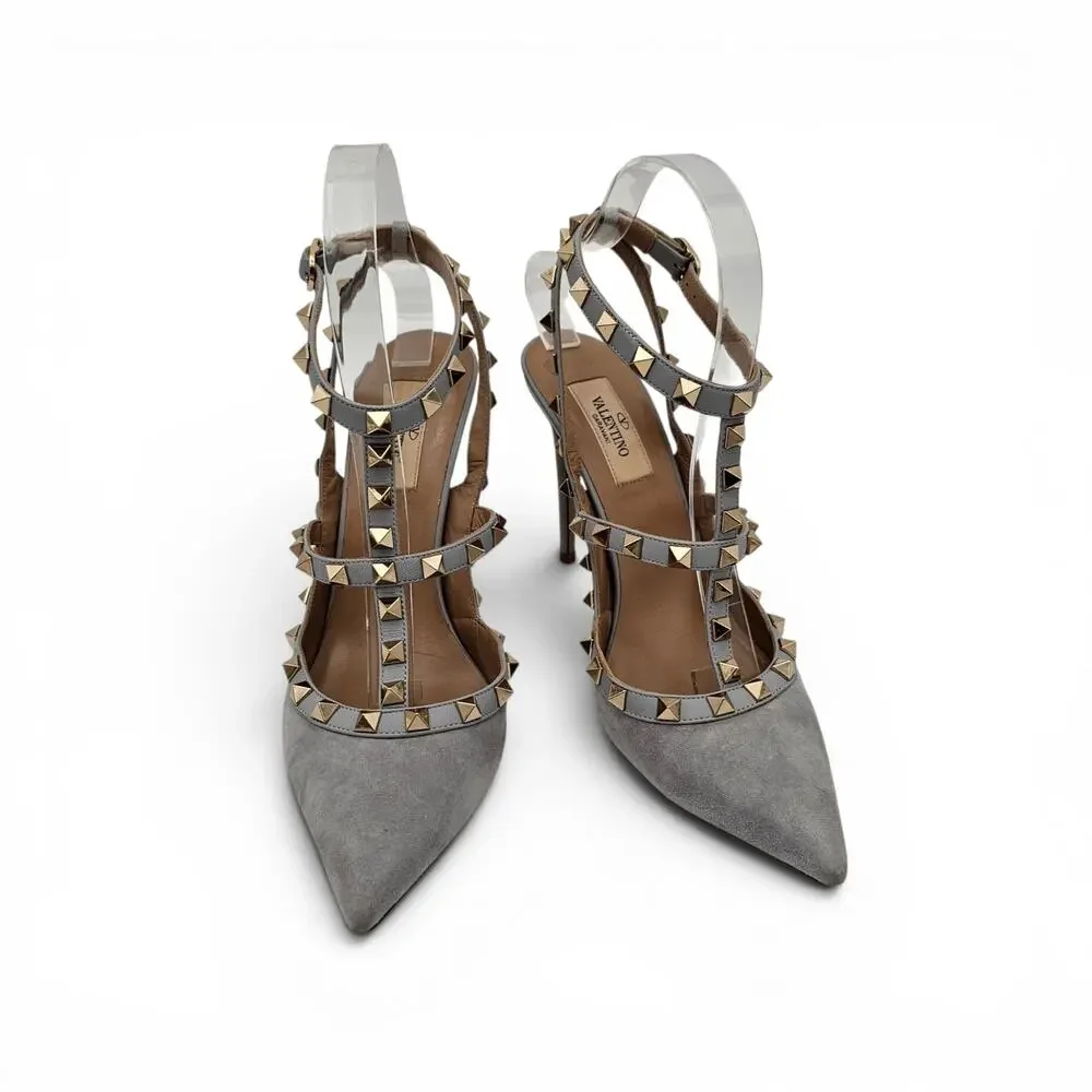 Valentino Garavani Rockstud Cage Heel Pump T Strap Gray Suede Gold Size 38 US 8